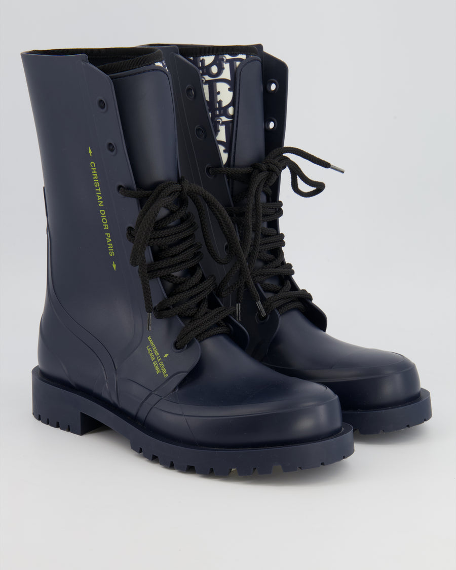 Christian Dior Rubber DiorCamp Combat Boots in Navy Blue with Oblique Motif Lining Size EU 38