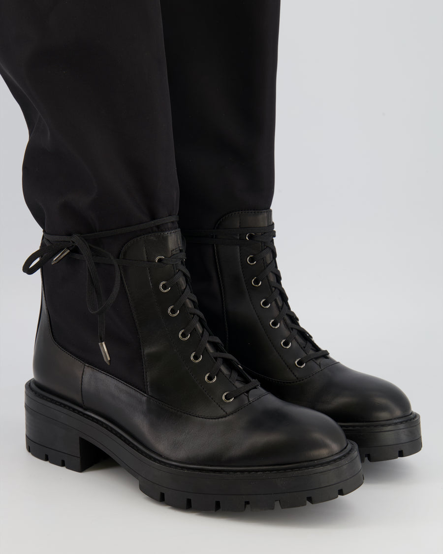 Aquazzura Black Knee-High Combat Boots in Black Nylon and Leather with Drawstring Detail Size EU 38.5 RRP £800