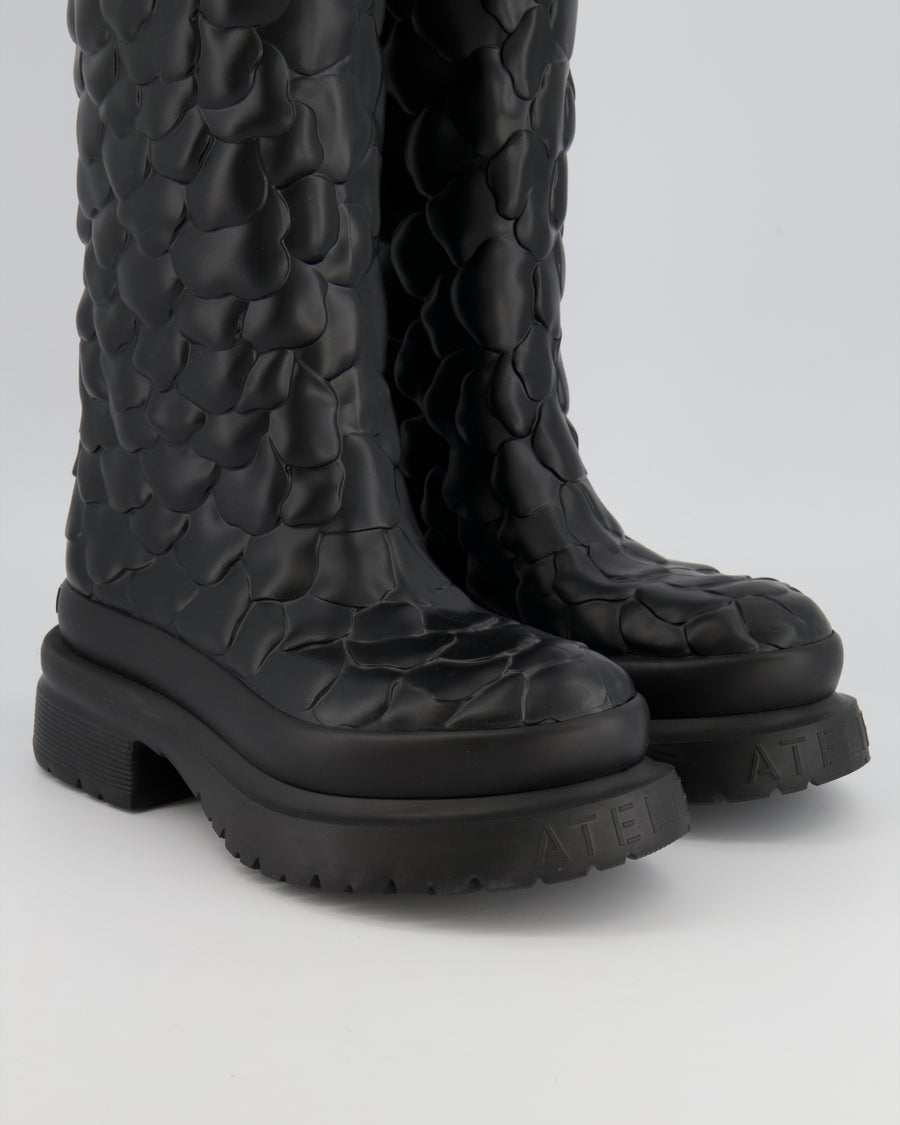Valentino Atelier 03 Rose Edition Petal Platform Rain Boots in Black Rubber with Logo Detail Size EU 38