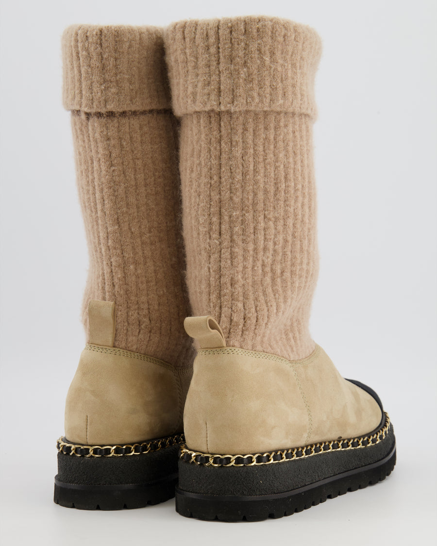 Chanel Beige Suede and Knit Thigh Boots with Black Fabric Front with CC Logo and Gold Chain Detail Along the Sole Size EU 38.5C