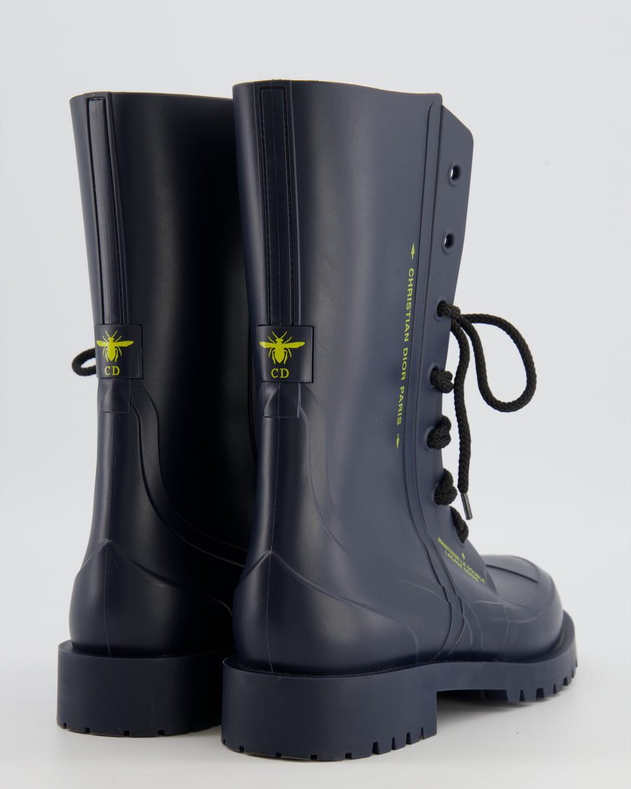 Christian Dior Rubber DiorCamp Combat Boots in Navy Blue with Oblique Motif Lining Size EU 38