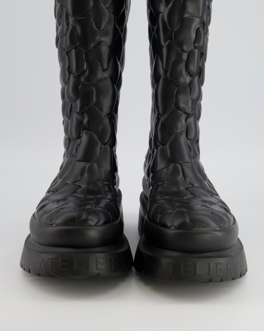 Valentino Atelier 03 Rose Edition Petal Platform Rain Boots in Black Rubber with Logo Detail Size EU 38