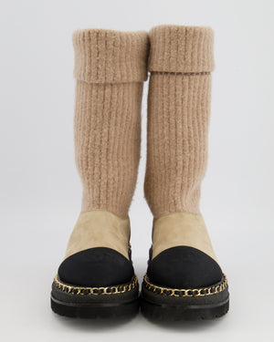 Chanel Beige Suede and Knit Thigh Boots with Black Fabric Front with CC Logo and Gold Chain Detail Along the Sole Size EU 38.5C