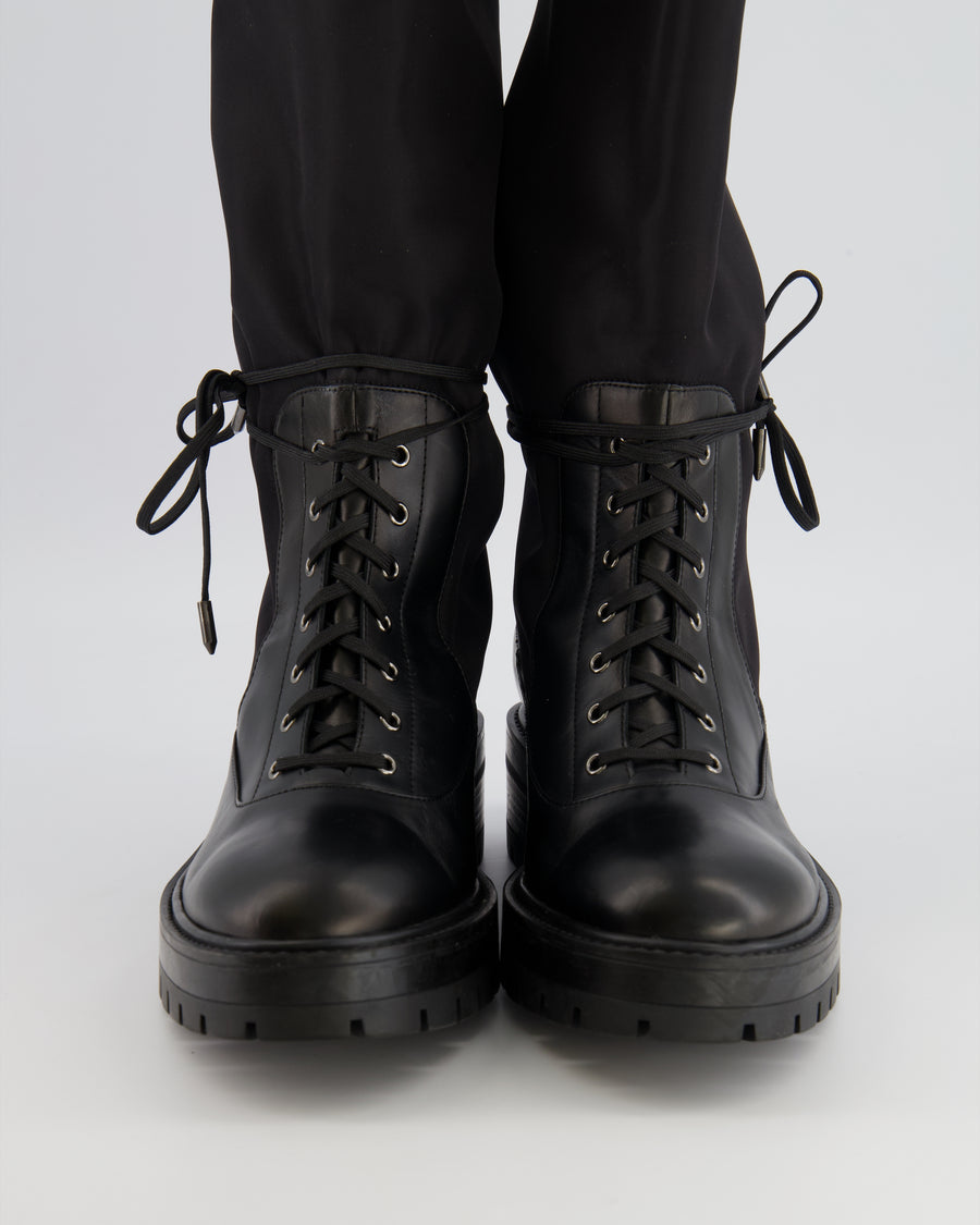 Aquazzura Black Knee-High Combat Boots in Black Nylon and Leather with Drawstring Detail Size EU 38.5 RRP £800