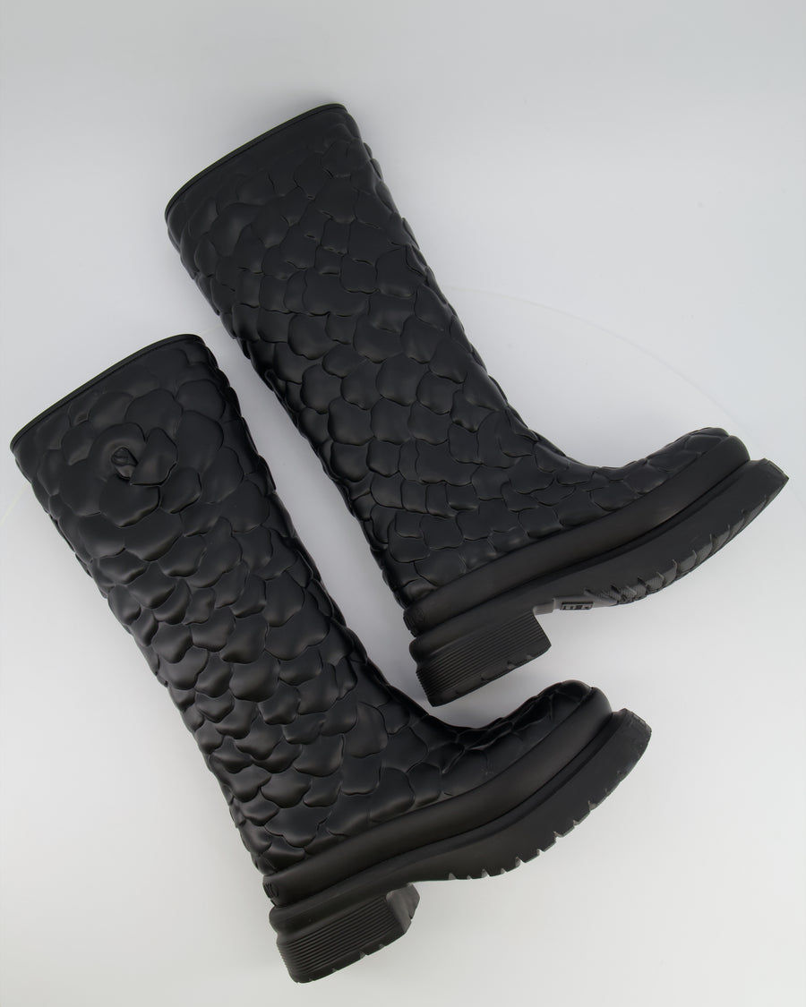 Valentino Atelier 03 Rose Edition Petal Platform Rain Boots in Black Rubber with Logo Detail Size EU 38