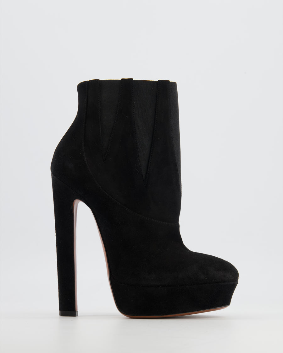 Alaia Black Suede Chelsea Heeled Platform Ankle Boots with Zig-Zag Elastic Side Panels Detail Size EU 38.5