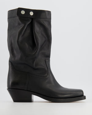Isabel Marant Ademe Square-Toe Boots in Black Leather with Silver Button Detail Size EU 39
