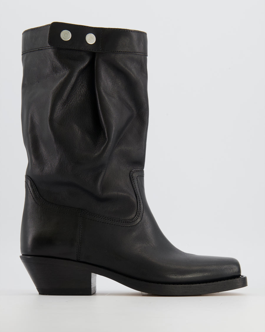 Isabel Marant Ademe Square-Toe Boots in Black Leather with Silver Button Detail Size EU 39