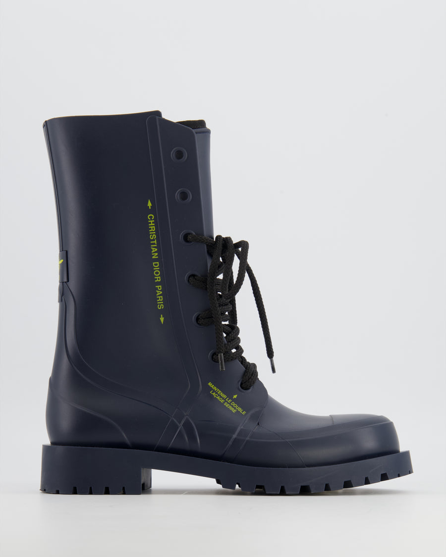 Christian Dior Rubber DiorCamp Combat Boots in Navy Blue with Oblique Motif Lining Size EU 38