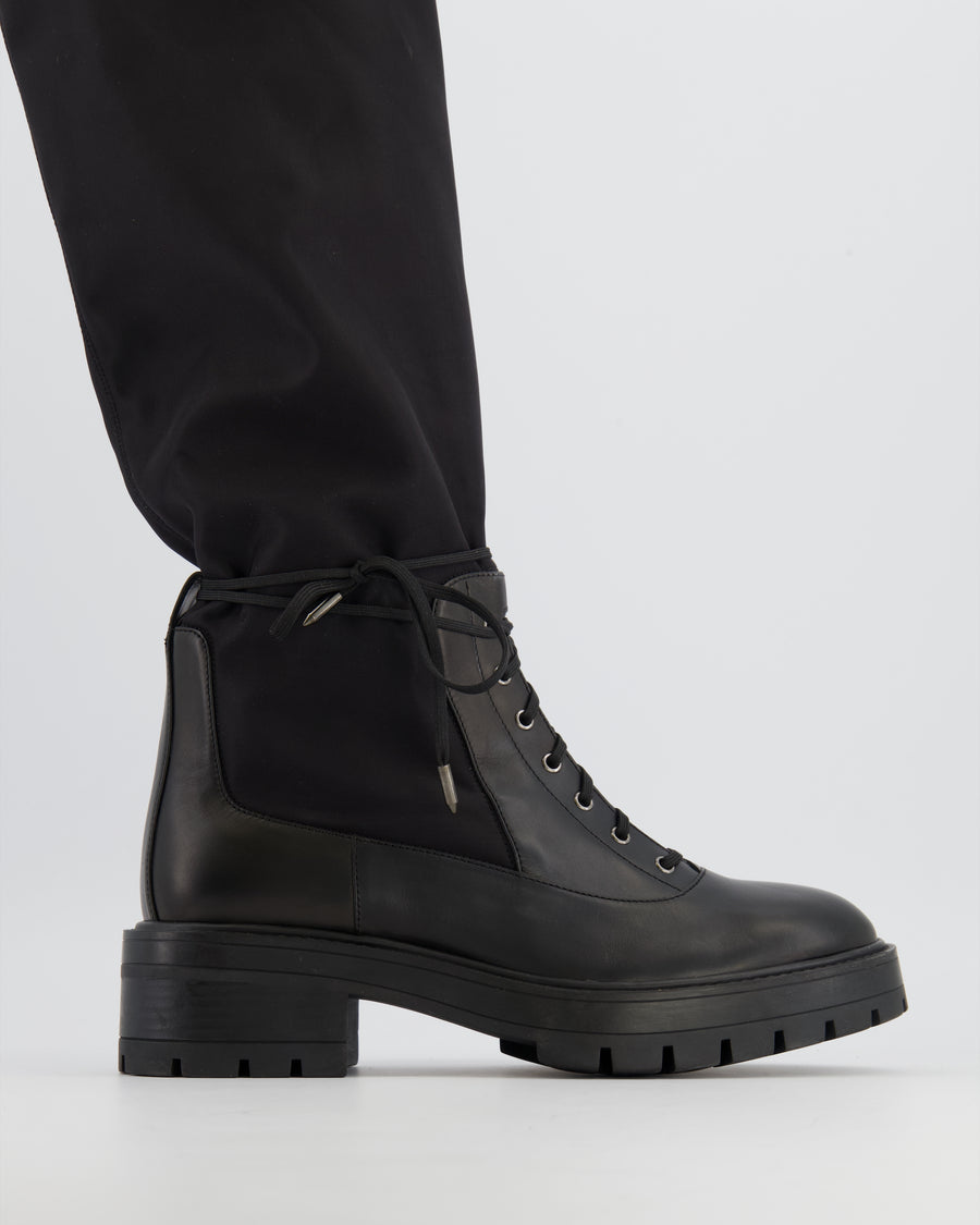 Aquazzura Black Knee-High Combat Boots in Black Nylon and Leather with Drawstring Detail Size EU 38.5 RRP £800