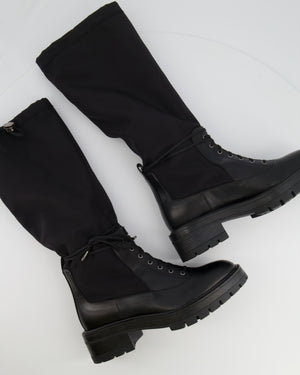 Aquazzura Black Knee-High Combat Boots in Black Nylon and Leather with Drawstring Detail Size EU 38.5 RRP £800
