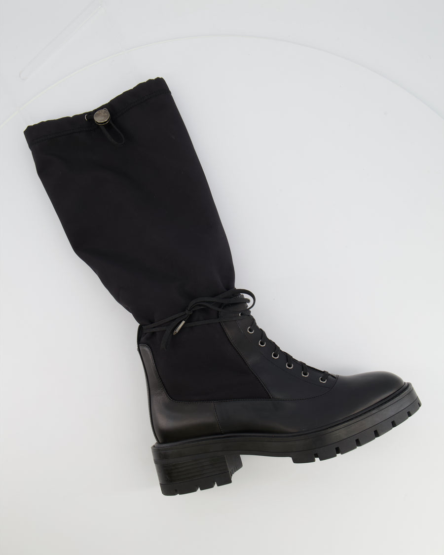 Aquazzura Black Knee-High Combat Boots in Black Nylon and Leather with Drawstring Detail Size EU 38.5 RRP £800