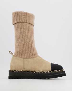 Chanel Beige Suede and Knit Thigh Boots with Black Fabric Front with CC Logo and Gold Chain Detail Along the Sole Size EU 38.5C