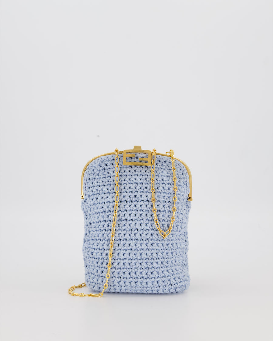 Fendi Sky Blue Baguette Phone Bag in Woven Crochet with Chain with Gold Hardware