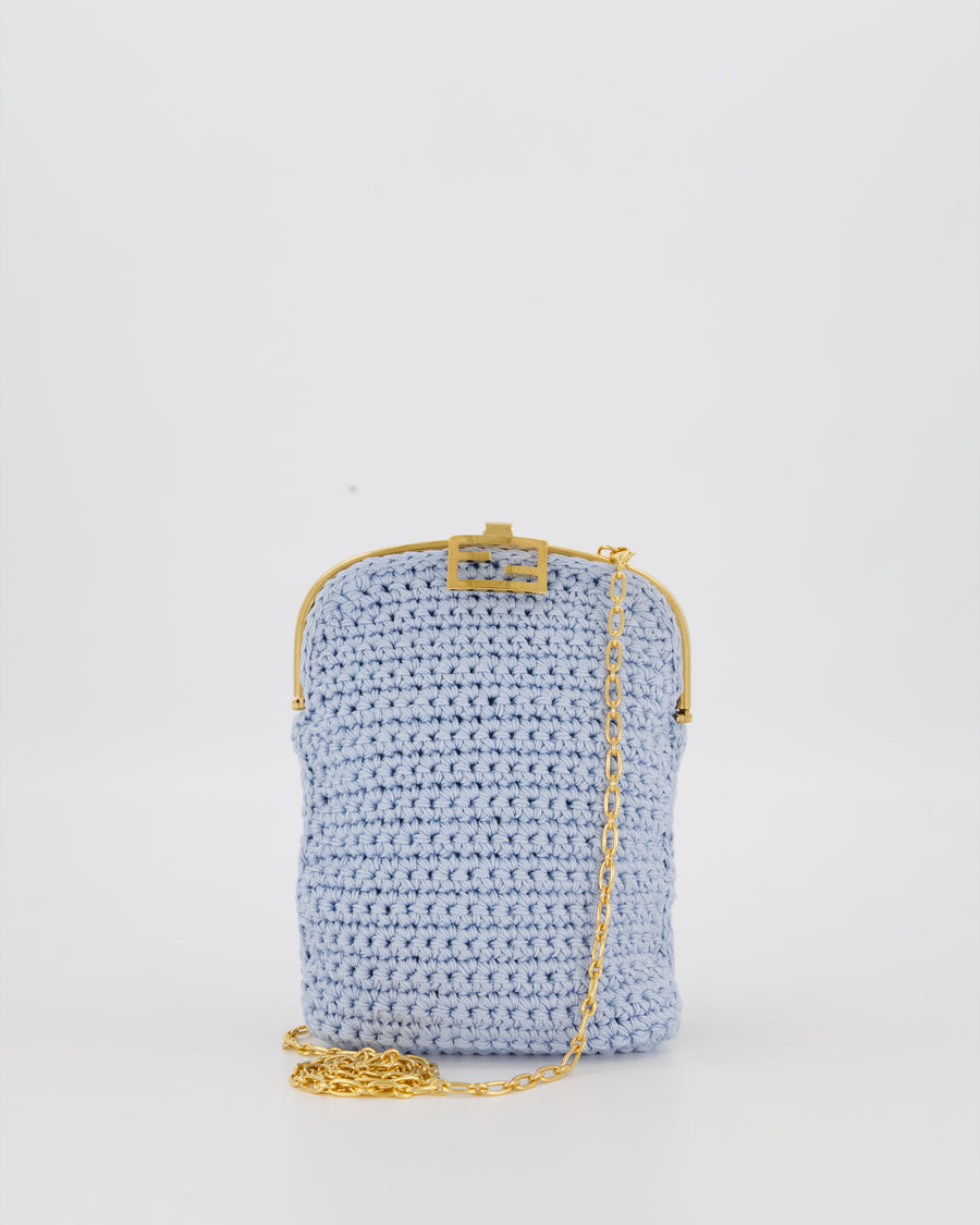 Fendi Sky Blue Baguette Phone Bag in Woven Crochet with Chain with Gold Hardware