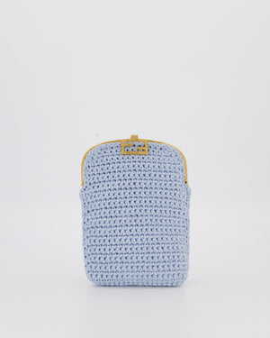 Fendi Sky Blue Baguette Phone Bag in Woven Crochet with Chain with Gold Hardware