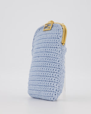 Fendi Sky Blue Baguette Phone Bag in Woven Crochet with Chain with Gold Hardware