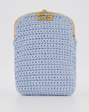 Fendi Sky Blue Baguette Phone Bag in Woven Crochet with Chain with Gold Hardware