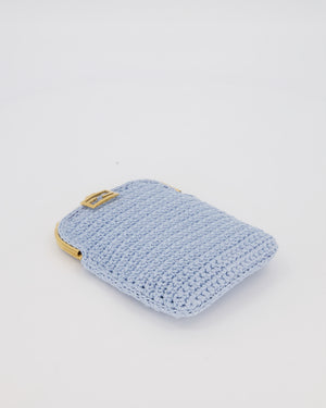 Fendi Sky Blue Baguette Phone Bag in Woven Crochet with Chain with Gold Hardware