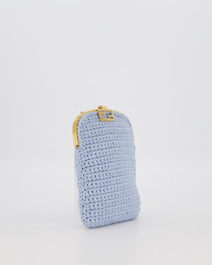 Fendi Sky Blue Baguette Phone Bag in Woven Crochet with Chain with Gold Hardware