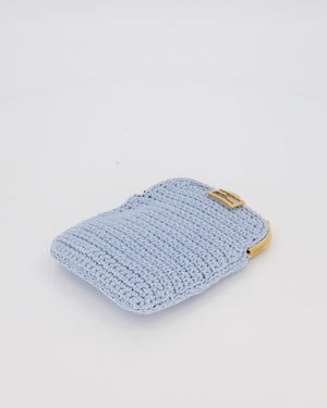 Fendi Sky Blue Baguette Phone Bag in Woven Crochet with Chain with Gold Hardware