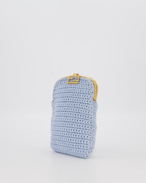 Fendi Sky Blue Baguette Phone Bag in Woven Crochet with Chain with Gold Hardware