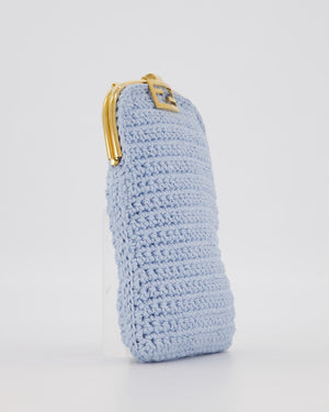 Fendi Sky Blue Baguette Phone Bag in Woven Crochet with Chain with Gold Hardware