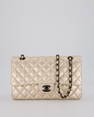 Chanel Metallic Gold Classic Medium Double Flap Bag in Lambskin Leather with Black contrasting Hardware
