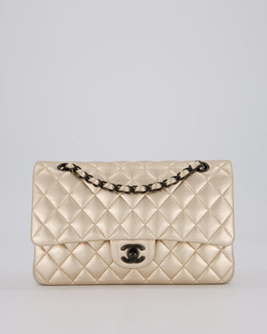 Chanel Metallic Gold Classic Medium Double Flap Bag in Lambskin Leather with Black contrasting Hardware