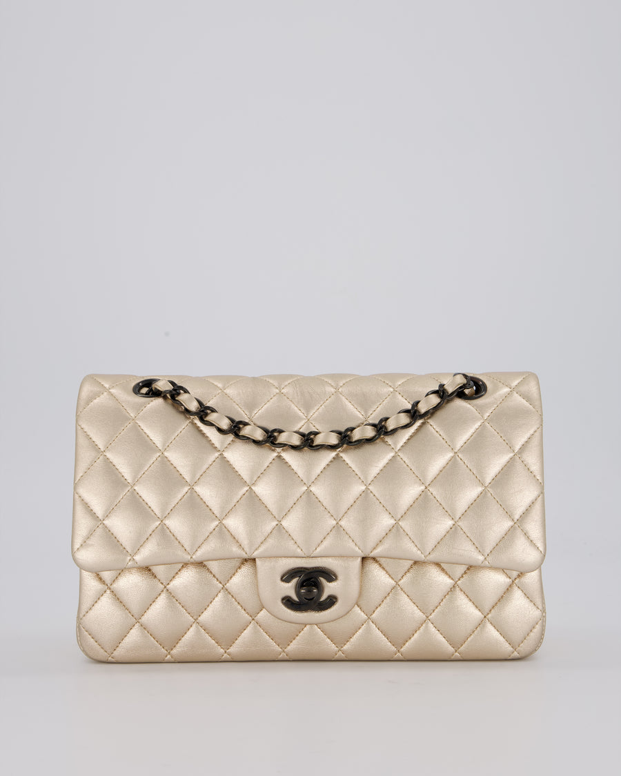 Chanel Metallic Gold Classic Medium Double Flap Bag in Lambskin Leather with Black contrasting Hardware