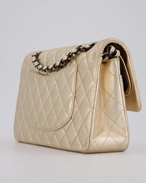 Chanel Metallic Gold Classic Medium Double Flap Bag in Lambskin Leather with Black contrasting Hardware
