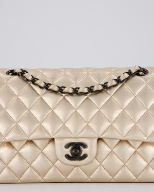 Chanel Metallic Gold Classic Medium Double Flap Bag in Lambskin Leather with Black contrasting Hardware