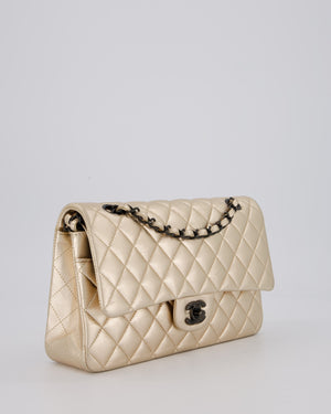 Chanel Metallic Gold Classic Medium Double Flap Bag in Lambskin Leather with Black contrasting Hardware