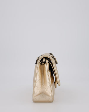 Chanel Metallic Gold Classic Medium Double Flap Bag in Lambskin Leather with Black contrasting Hardware