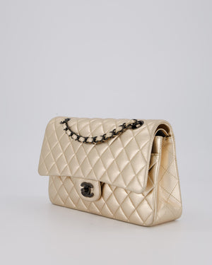 Chanel Metallic Gold Classic Medium Double Flap Bag in Lambskin Leather with Black contrasting Hardware