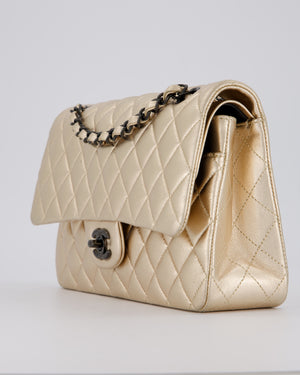 Chanel Metallic Gold Classic Medium Double Flap Bag in Lambskin Leather with Black contrasting Hardware