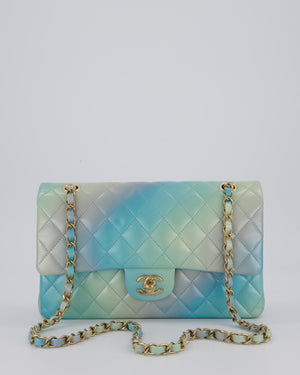 *RARE* Chanel Blue, Yellow and Pink Iridescent Ombre Classic Medium Double Flap Bag in Lambskin with Champagne Gold hardware