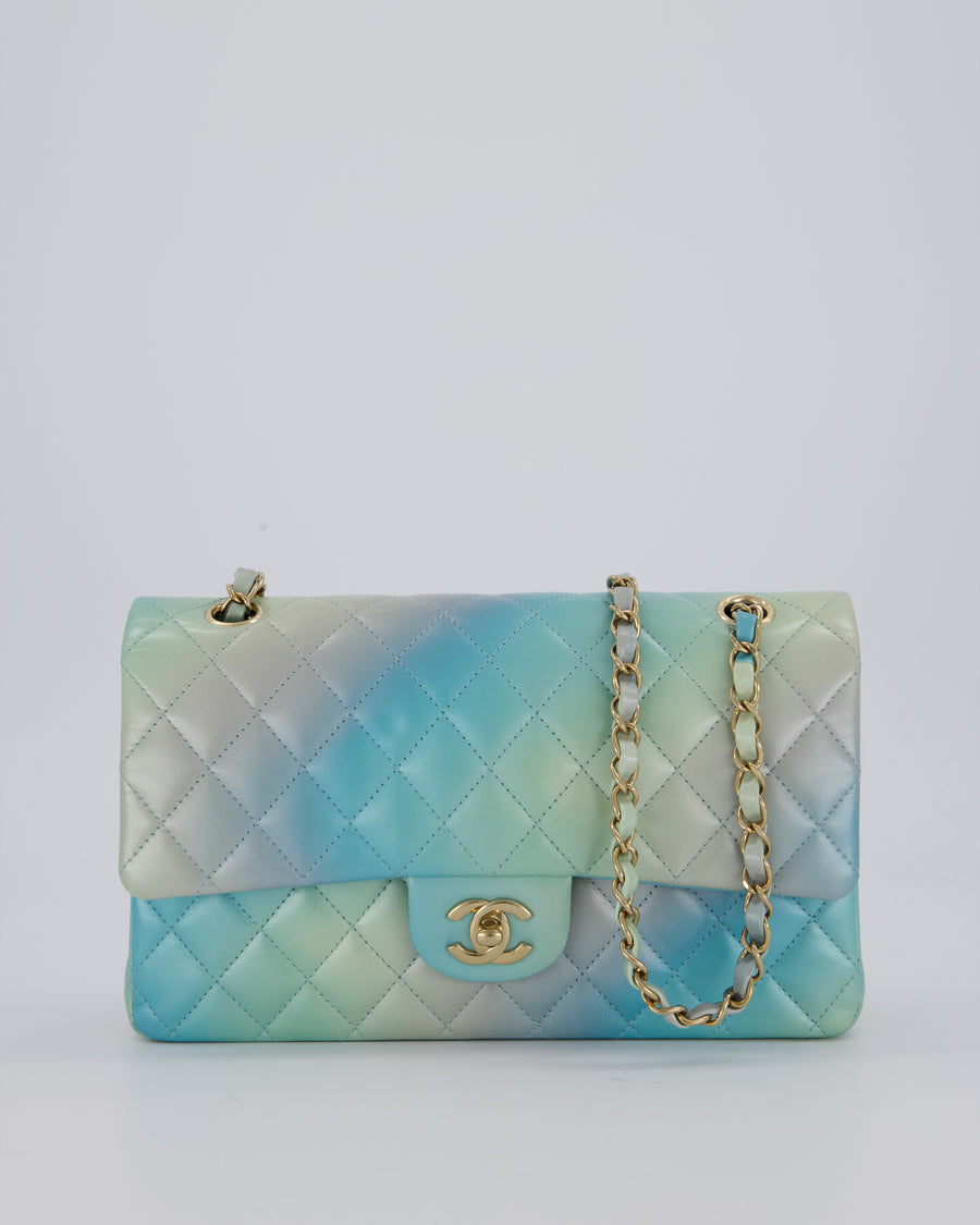 *RARE* Chanel Blue, Yellow and Pink Iridescent Ombre Classic Medium Double Flap Bag in Lambskin with Champagne Gold hardware