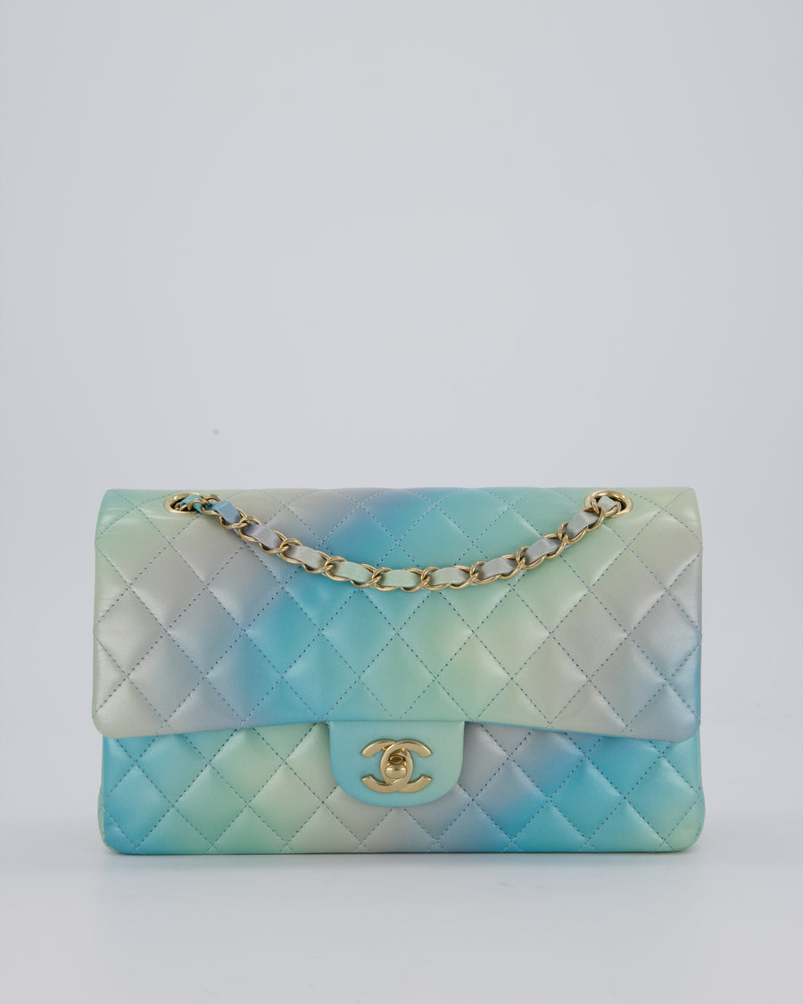 *RARE* Chanel Blue, Yellow and Pink Iridescent Ombre Classic Medium Double Flap Bag in Lambskin with Champagne Gold hardware