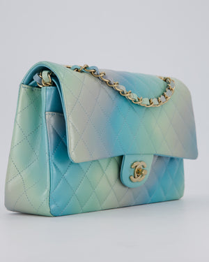 *RARE* Chanel Blue, Yellow and Pink Iridescent Ombre Classic Medium Double Flap Bag in Lambskin with Champagne Gold hardware