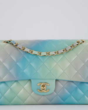 *RARE* Chanel Blue, Yellow and Pink Iridescent Ombre Classic Medium Double Flap Bag in Lambskin with Champagne Gold hardware