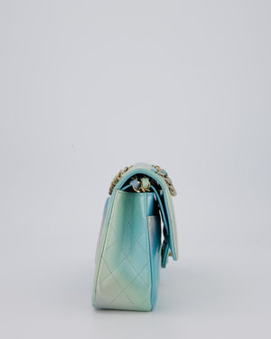 *RARE* Chanel Blue, Yellow and Pink Iridescent Ombre Classic Medium Double Flap Bag in Lambskin with Champagne Gold hardware