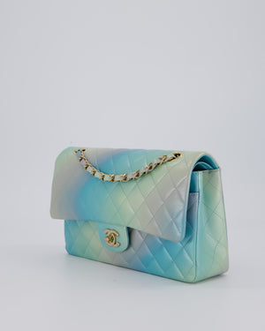 *RARE* Chanel Blue, Yellow and Pink Iridescent Ombre Classic Medium Double Flap Bag in Lambskin with Champagne Gold hardware