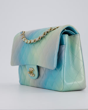 *RARE* Chanel Blue, Yellow and Pink Iridescent Ombre Classic Medium Double Flap Bag in Lambskin with Champagne Gold hardware