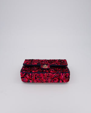*SUPER RARE* Chanel 21F/W Pink and Burgundy Sequin Embroidered Classic Medium Double Flap in Satin with Champagne Hardware
