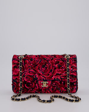 *SUPER RARE* Chanel 21F/W Pink and Burgundy Sequin Embroidered Classic Medium Double Flap in Satin with Champagne Hardware