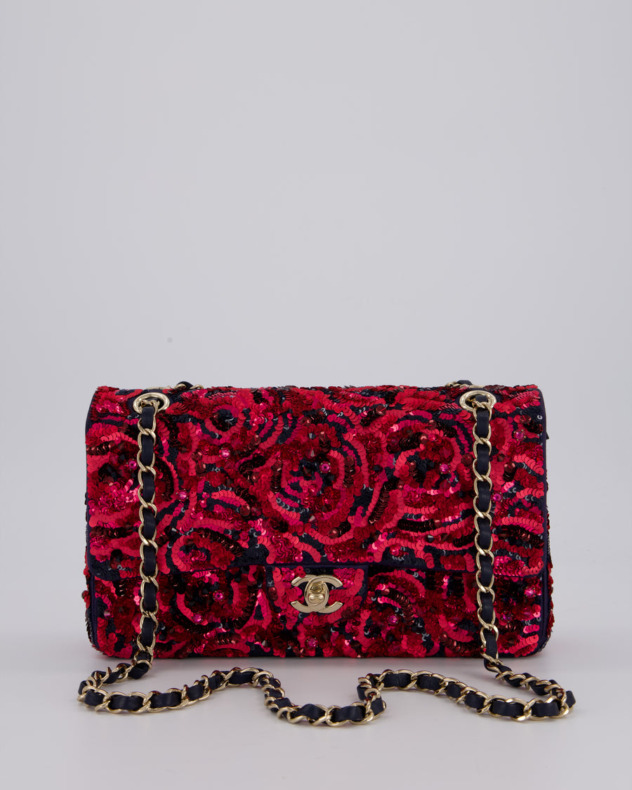 *SUPER RARE* Chanel 21F/W Pink and Burgundy Sequin Embroidered Classic Medium Double Flap in Satin with Champagne Hardware