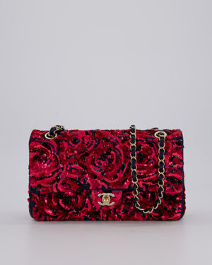 *SUPER RARE* Chanel 21F/W Pink and Burgundy Sequin Embroidered Classic Medium Double Flap in Satin with Champagne Hardware