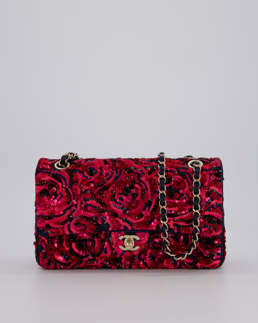 *SUPER RARE* Chanel 21F/W Pink and Burgundy Sequin Embroidered Classic Medium Double Flap in Satin with Champagne Hardware
