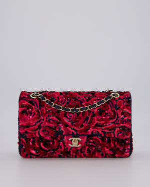 *SUPER RARE* Chanel 21F/W Pink and Burgundy Sequin Embroidered Classic Medium Double Flap in Satin with Champagne Hardware